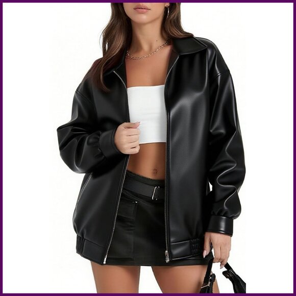 Faux Leather Oversized Motorcycle Jacket Zip Up Winter Coat